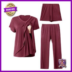 Large Nursing Pajama Set 3-Piece V-Neck Postpartum Sleepwear with Pockets